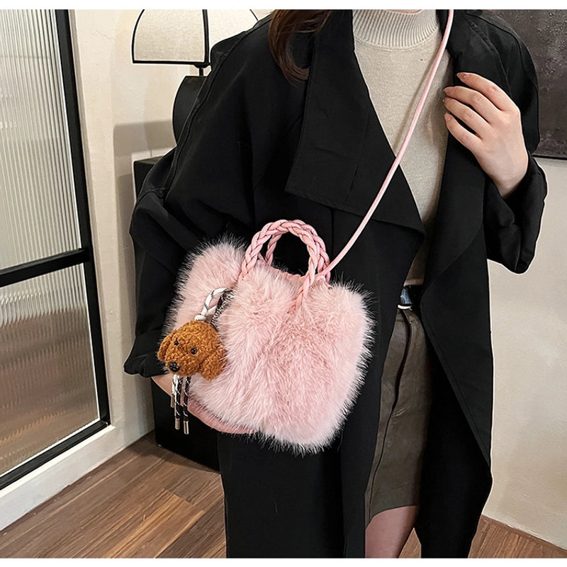 Women's Plush Solid Color Basic Square Magnetic Buckle Shoulder Bag Handbag Crossbody Bag