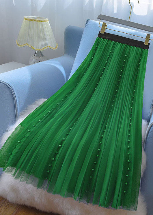 Modern Green Elastic Waist Nail Bead Tulle Pleated Skirts Spring