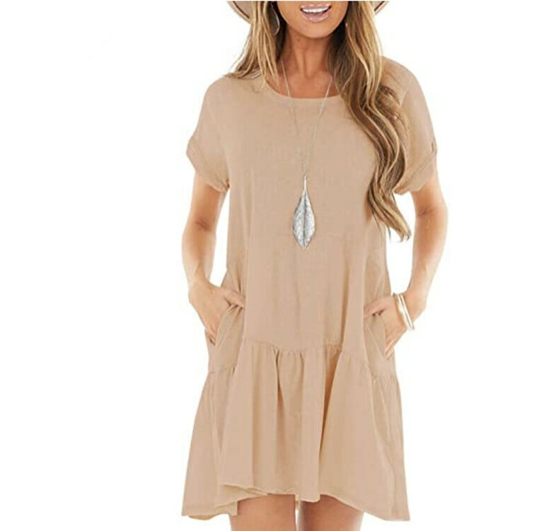 🔥🔥Round neck short sleeve large hem mid-length dress