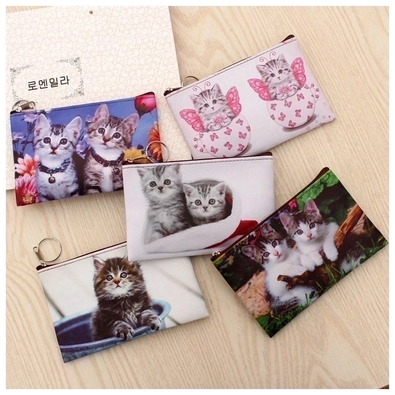 3 Pieces Women's Cat Pu Leather Zipper Coin Purses