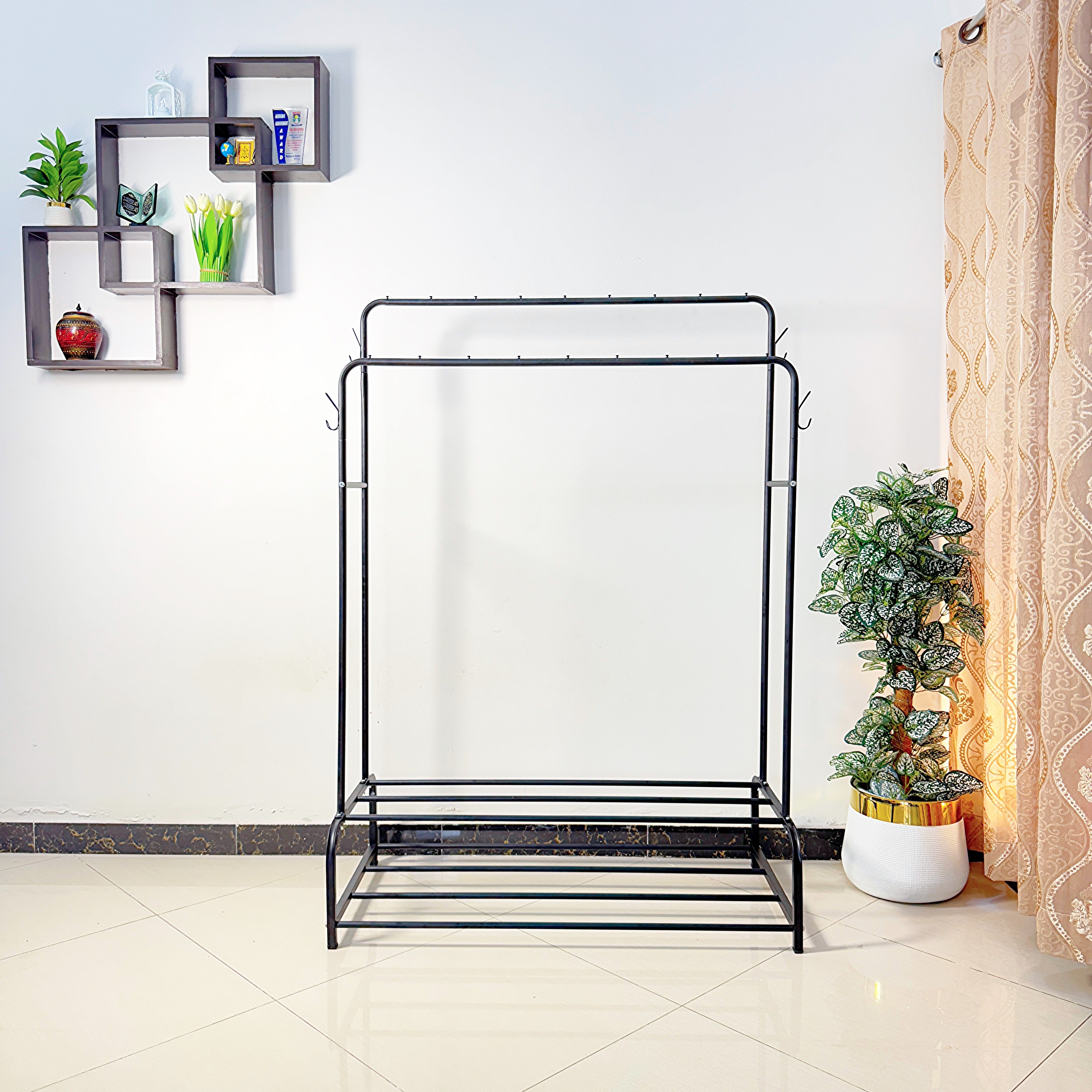 Dual Pole Metal Clothes Stand by Matrix (C) – With Dual Shoe Tiers & Side Hooks