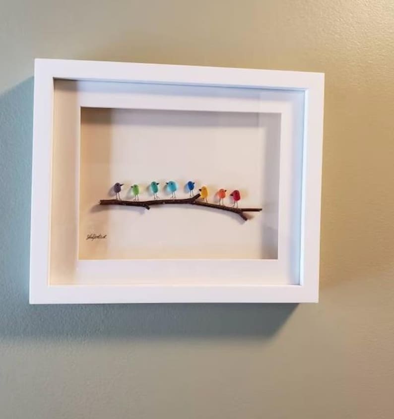 Sea glass rainbow birds -Framed unique handmade