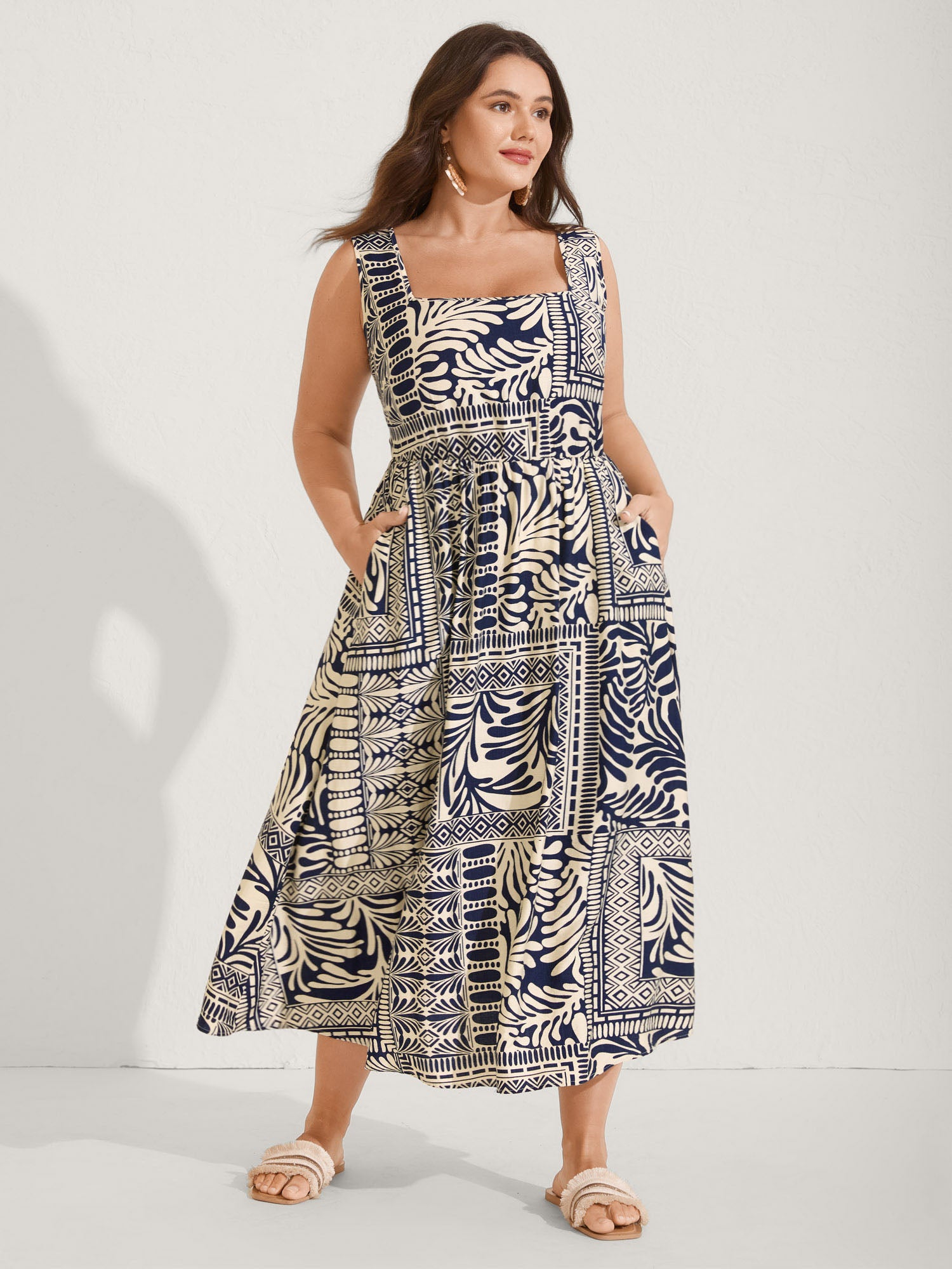 Geometric Collage Print Pockets Midi Dress