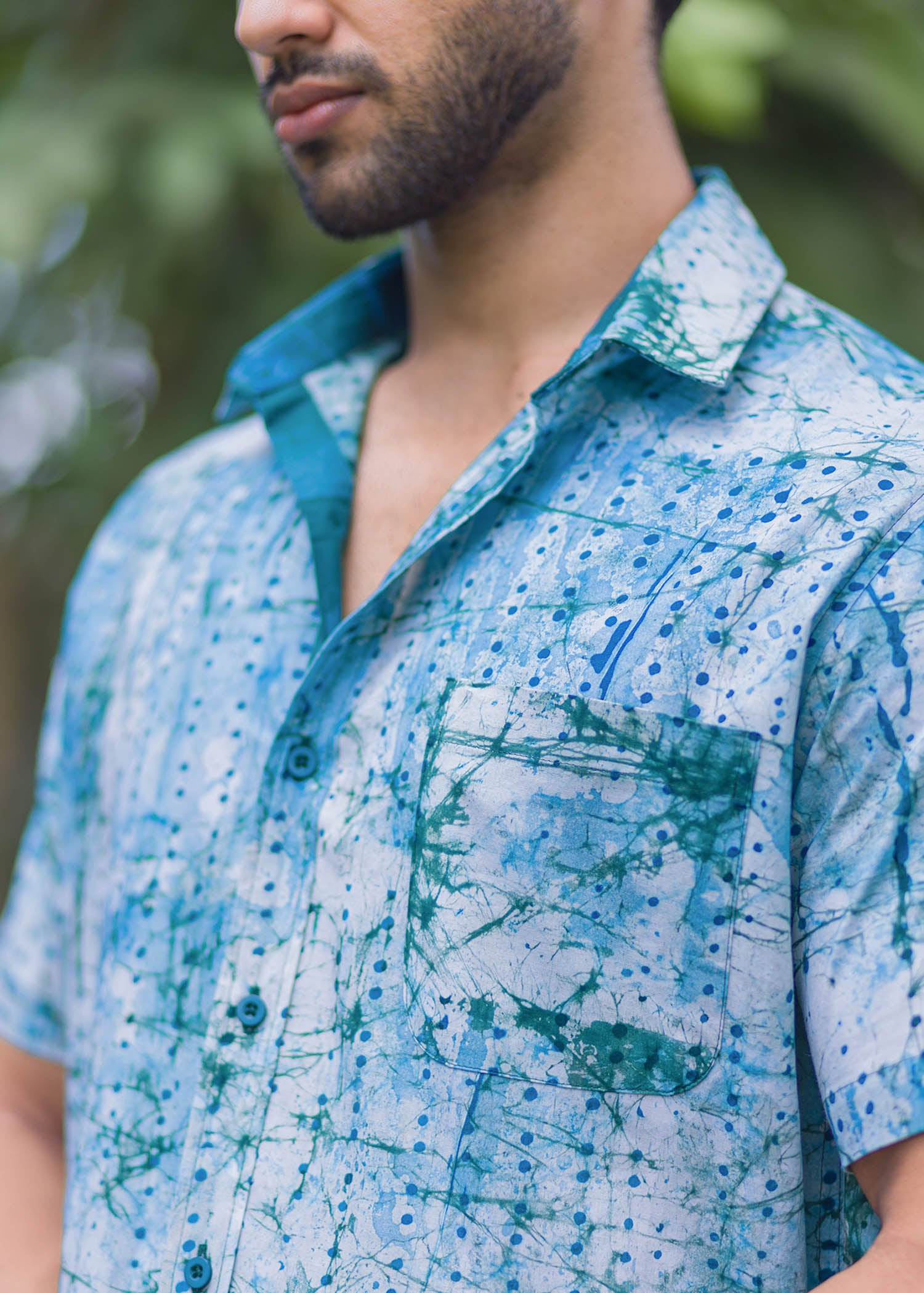 Batik White Shirt With Blue Dots and Patches