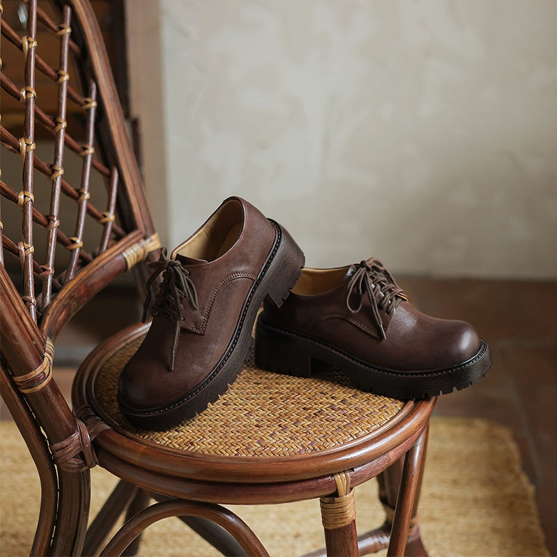 50mm Heel Vintage Waxed Cow Leather Chunky Oxford Shoes in Black/Brown