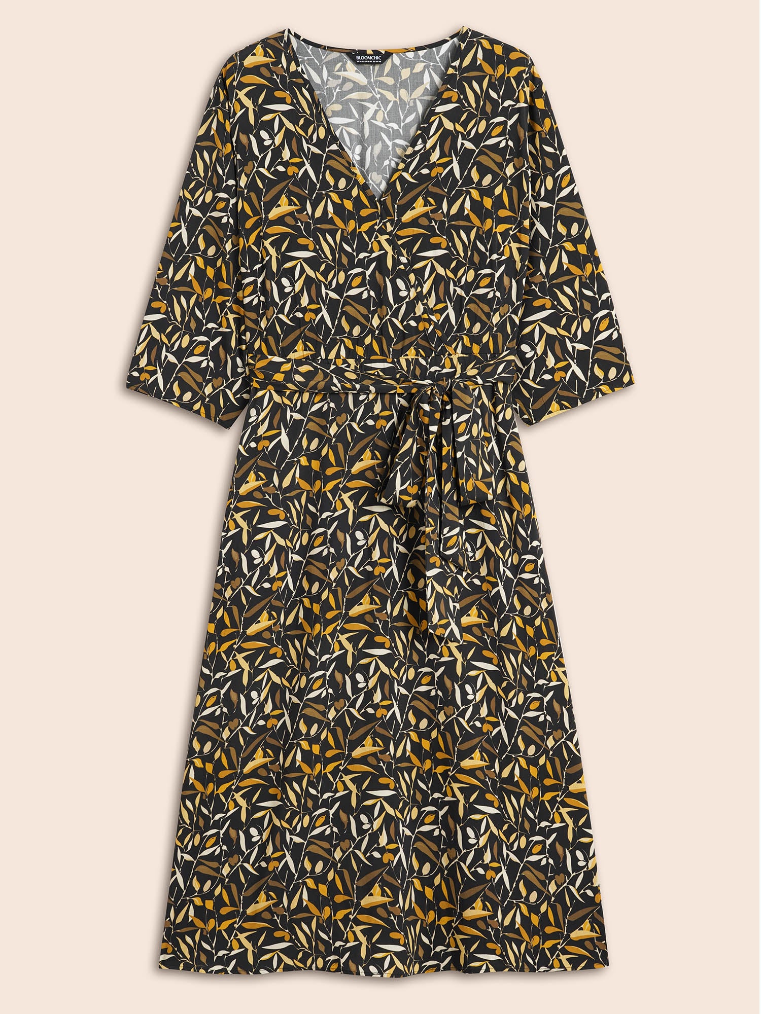 Plants Print Overlap Collar Midi Dress