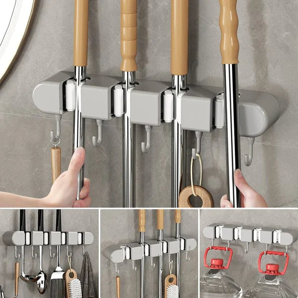 6 Slot & 6 Hook Wall Mounted Holder For Mop. Broom. Kitchen. Garden