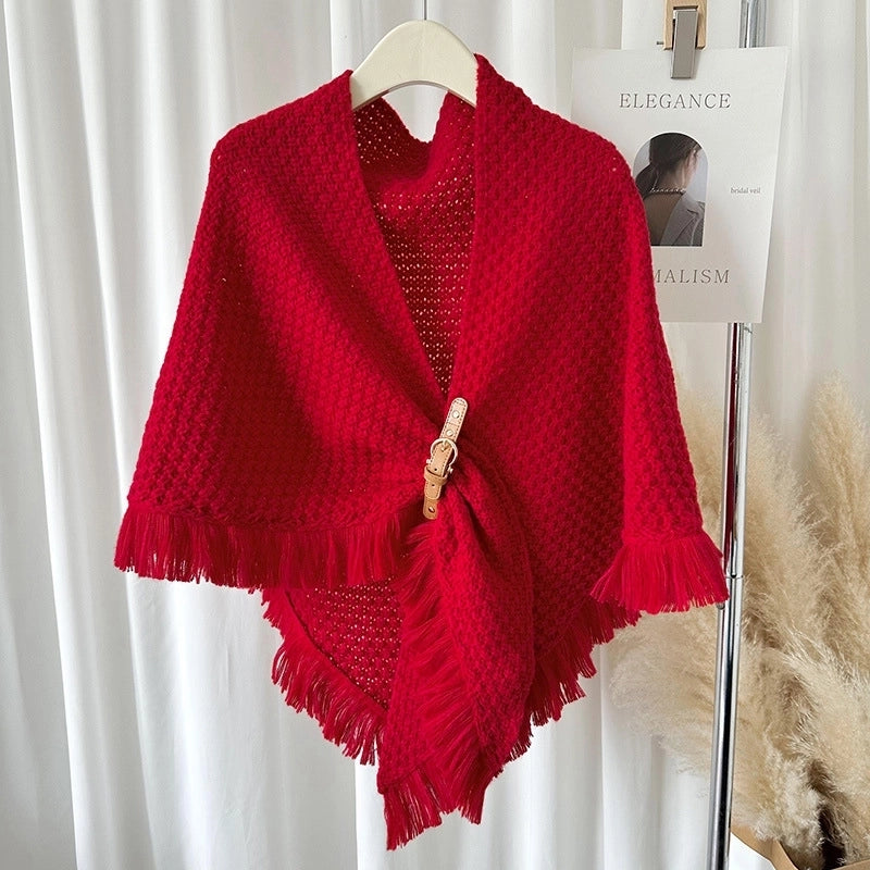Autumn And Winter New Tassel Cape Shawl Versatile Thick Warm Neck Protection Solid Color Knotted Scarf Outer Waistcoat