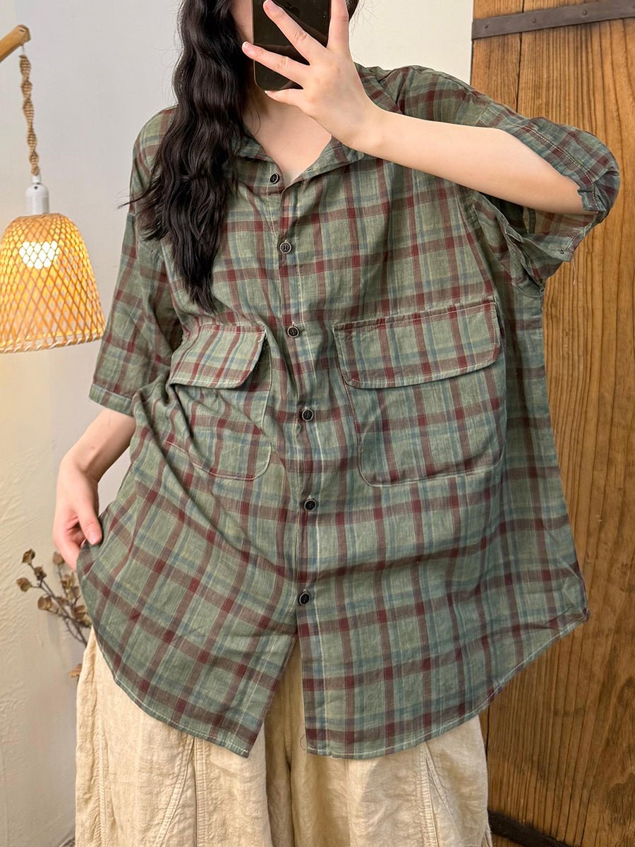 Women Summer Retro Plaid Turn-down Collar Shirt