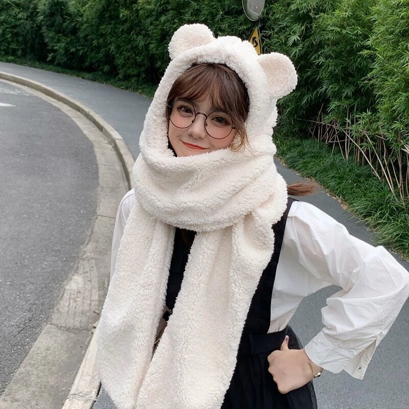 Autumn And Winter Lamb Velvet Padded Cute Bear Ears Hat Scarf Warm Scarf One-piece Warm Rabbit Hat