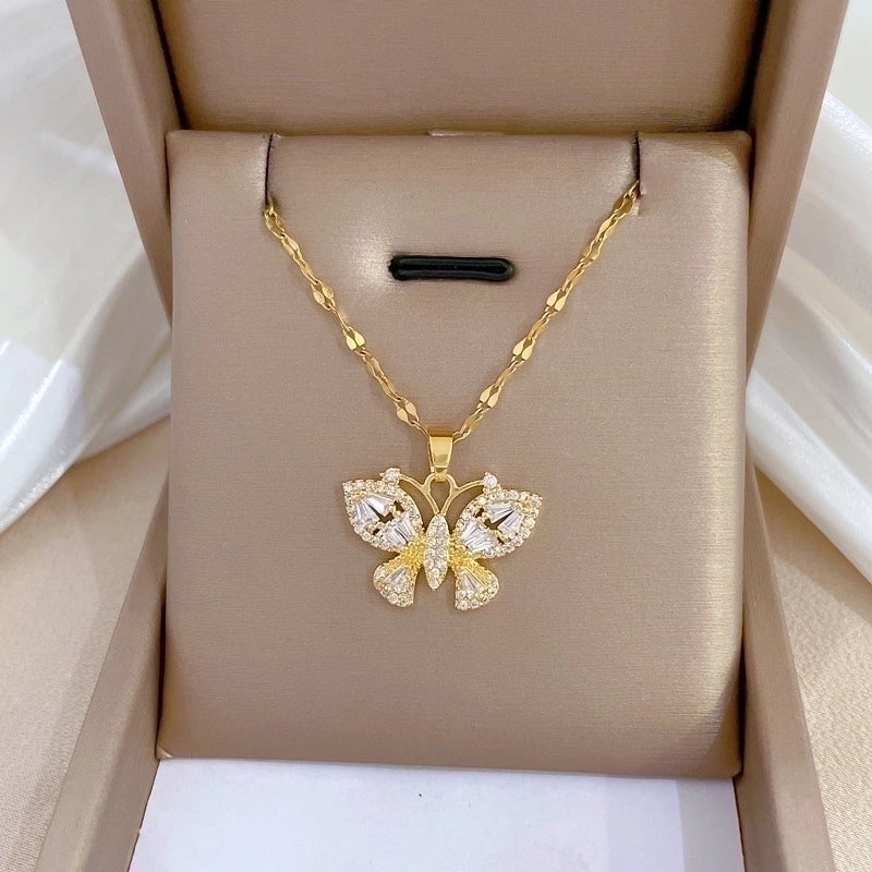 Minimalist Butterfly Titanium Steel Copper Plating Inlay Zircon Pendant Necklace