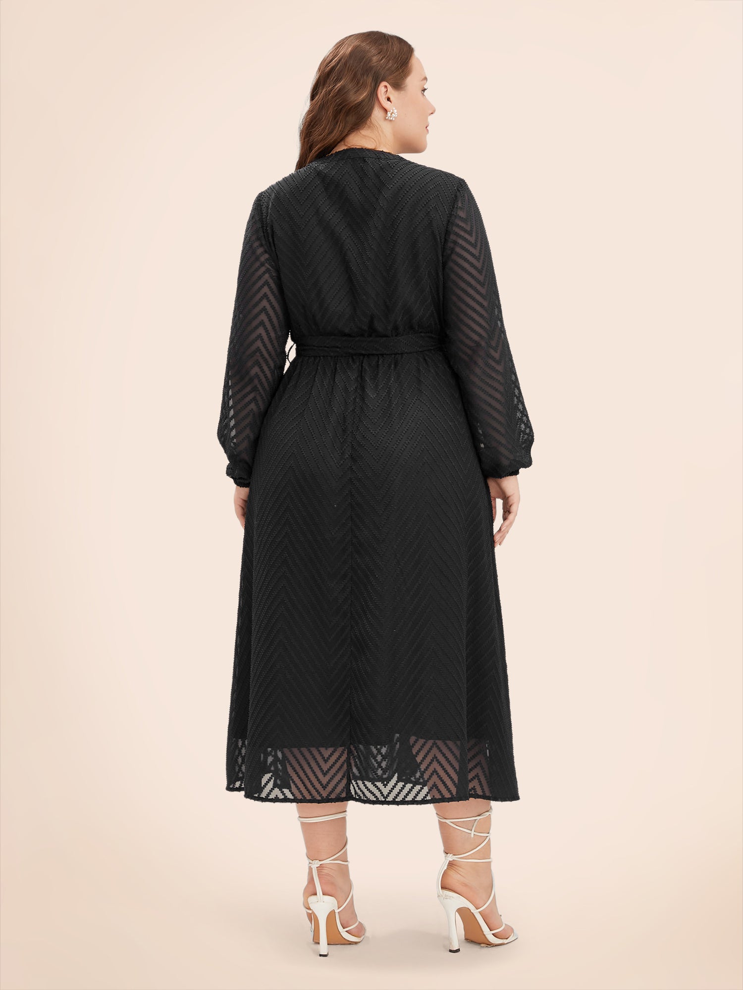 Solid Geometric Pocket Mesh Lantern Sleeve Belted Dress