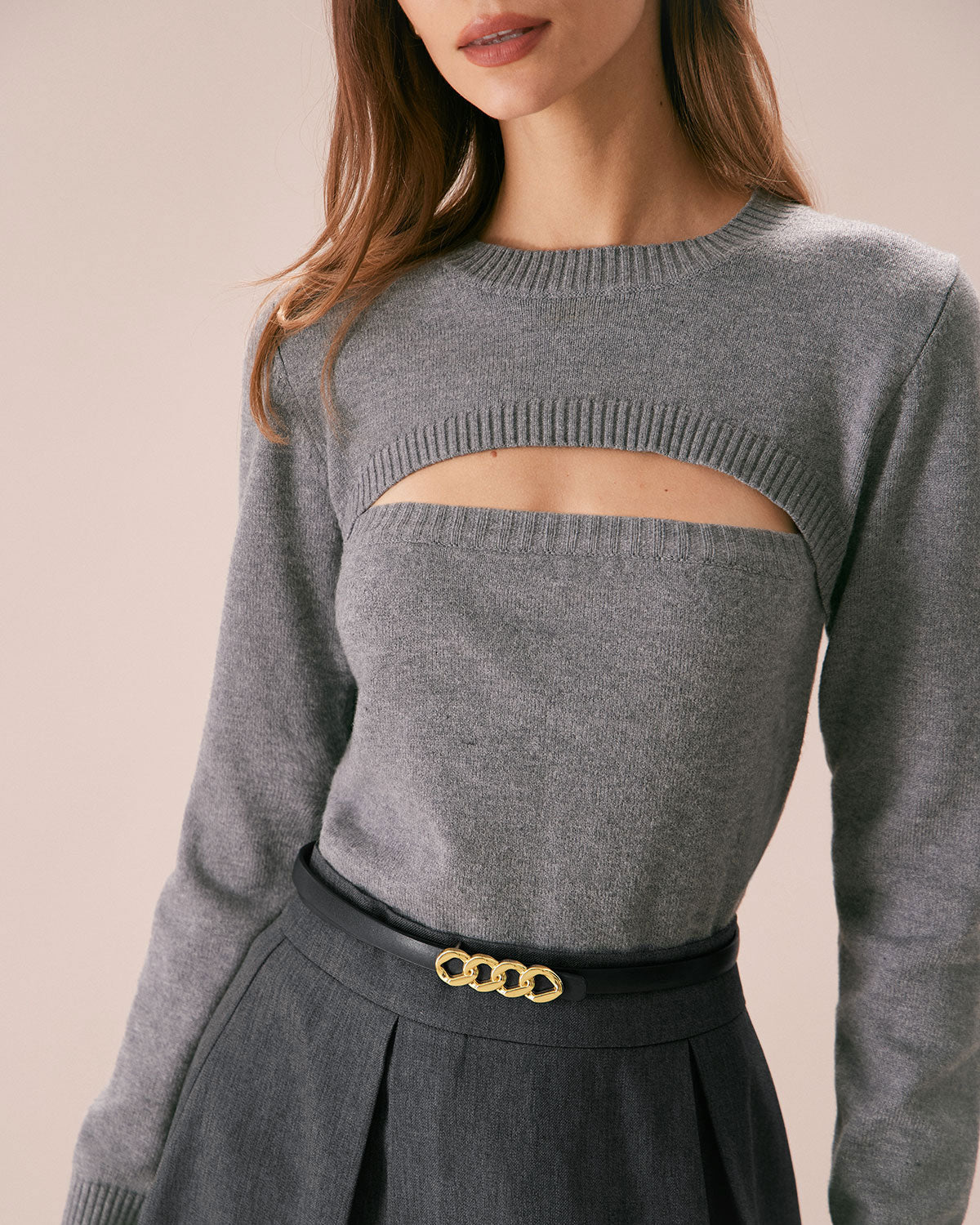 The Grey Crew Neck Cutout Ribbed Sweater