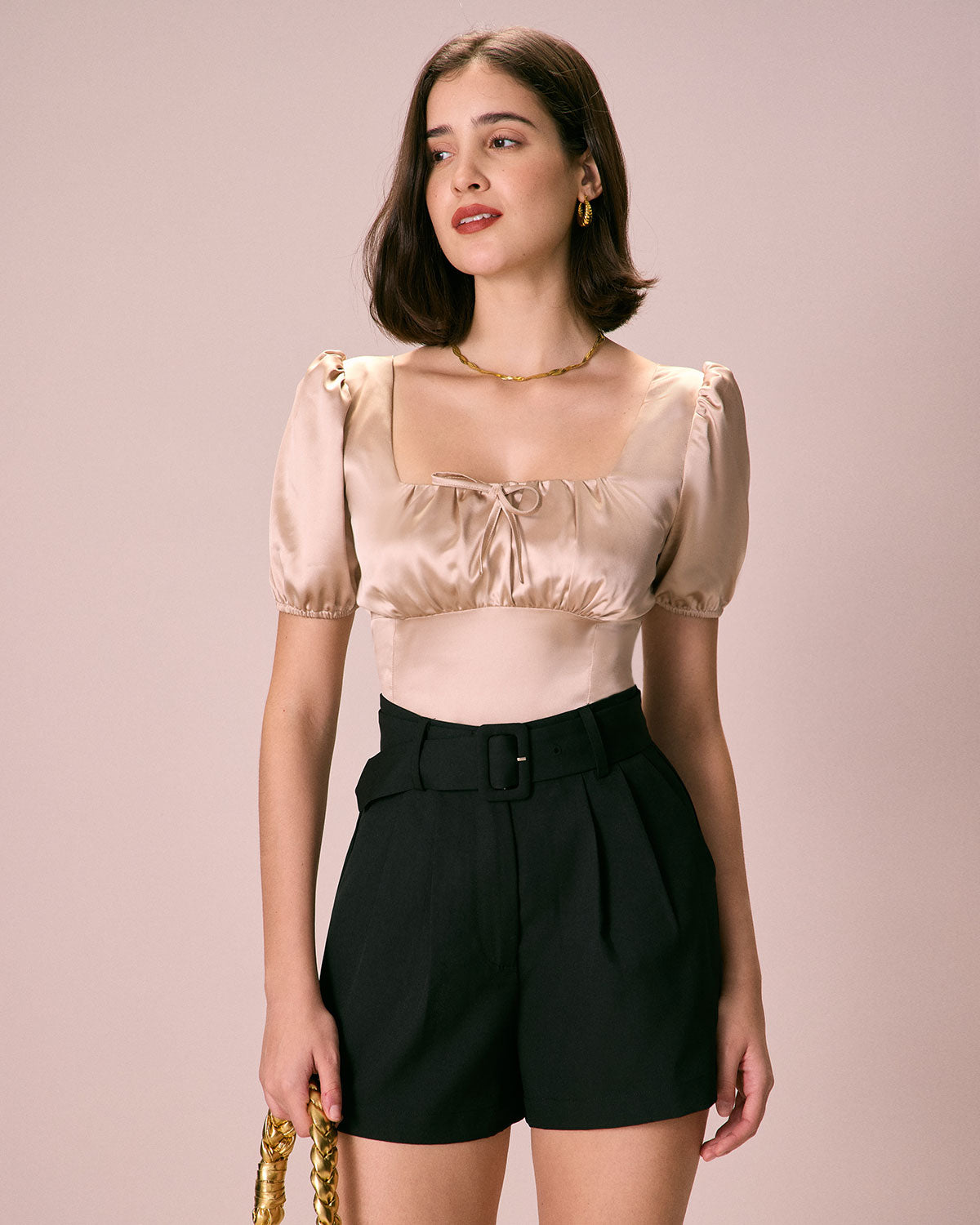 The Apricot Square Neck Ruched Puff Sleeve Satin Blouse