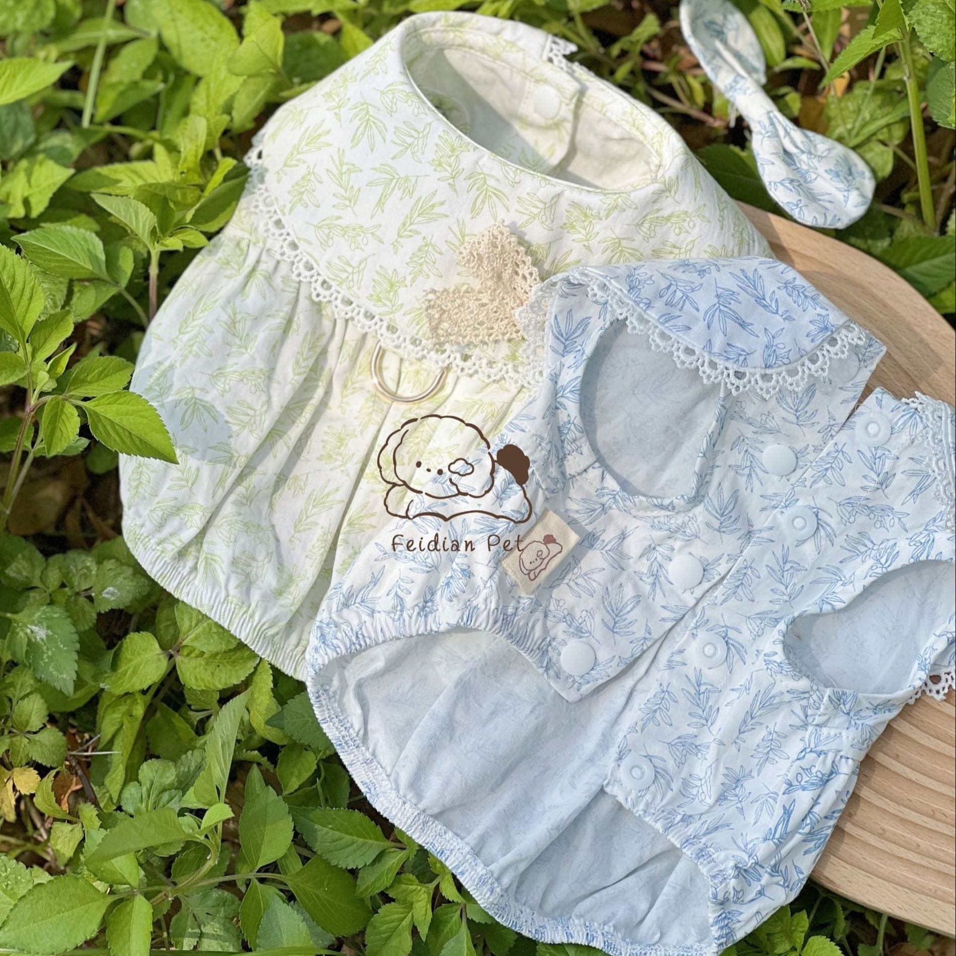 Leaf Printed Dog Dress with Hair Clip