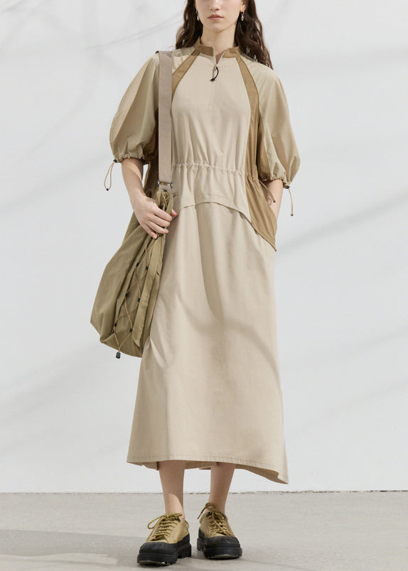 Original Design Khaki Drawstring Patchwork Cotton Dresses Summer
