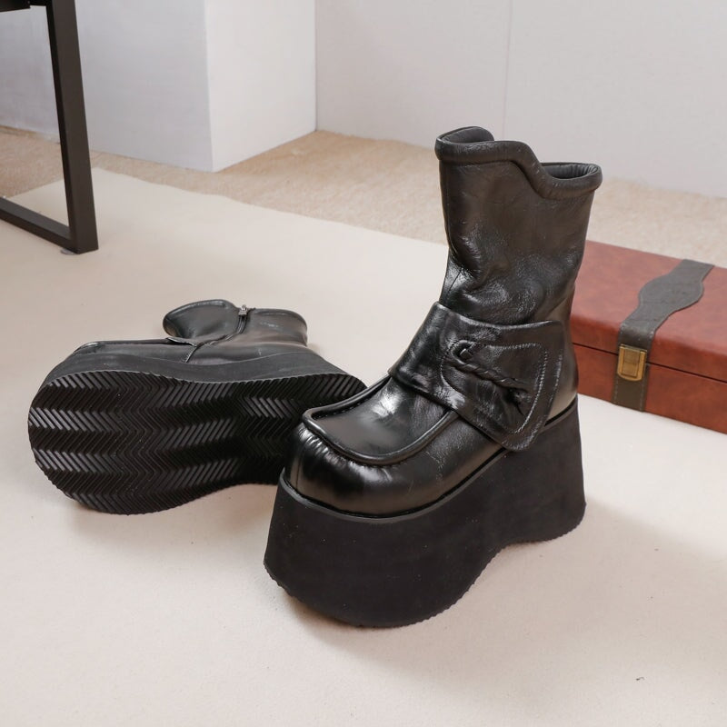 Retro Boots For Women Leather 90mm Platform Boots Touch-strap in Black/Coffee