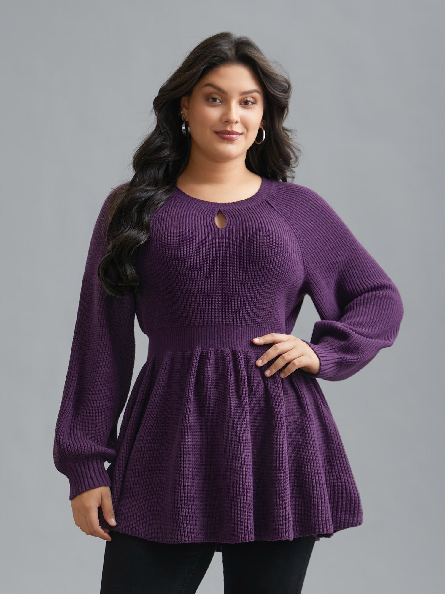 Plain Textured Keyhole Raglan Sleeve Pullover