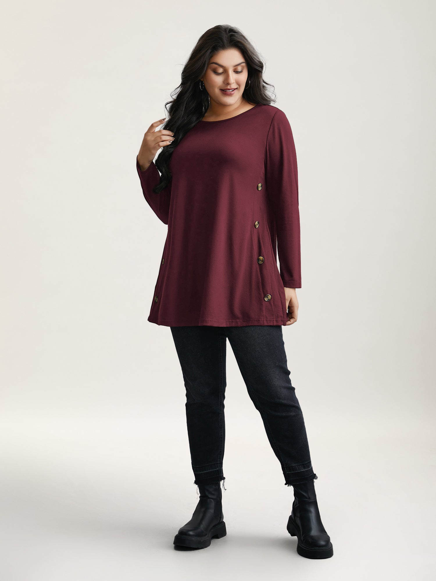 Round Neck Button Slim-Fit Knit Top