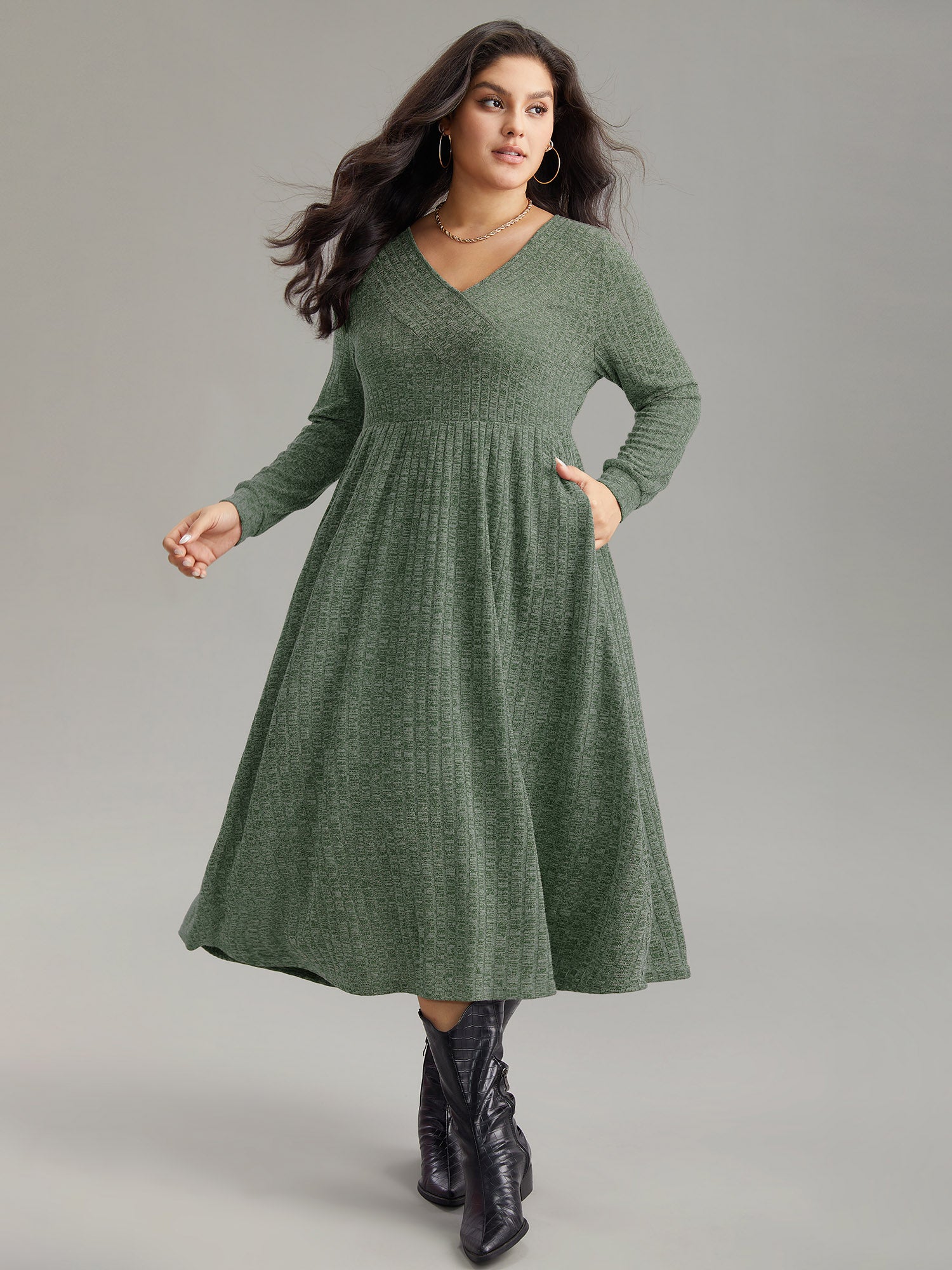 Rib Knit Plain Plisse Long Sleeve Dress