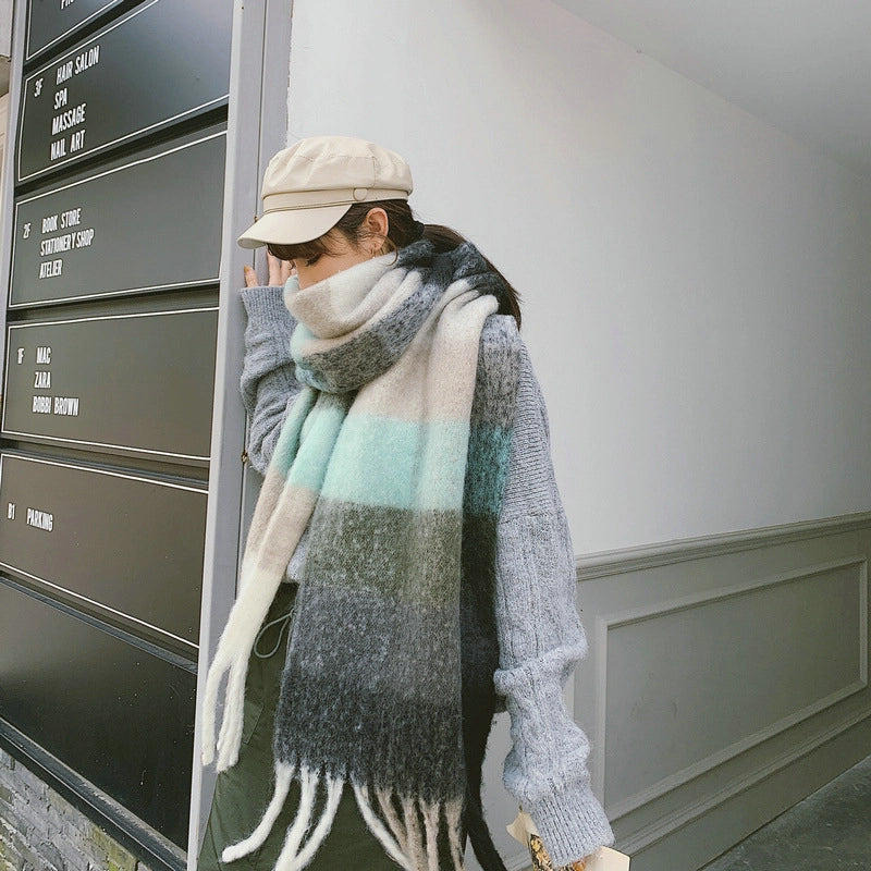 Knock On The Beauty Drop ~ A Big Love Thick Braid Rainbow Checkered Color Matching Scarf Winter Cashmere Plaid Tassel Shawl