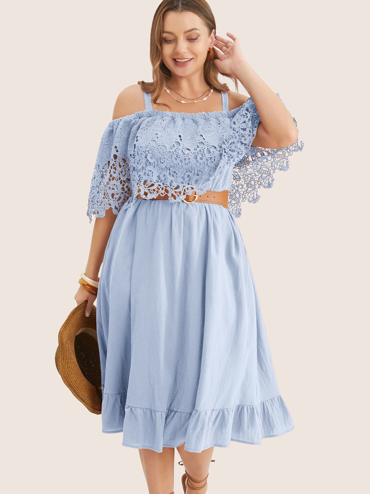 Solid Cold Shoulder Contrast Lace Pocket Ruffle Hem Dress