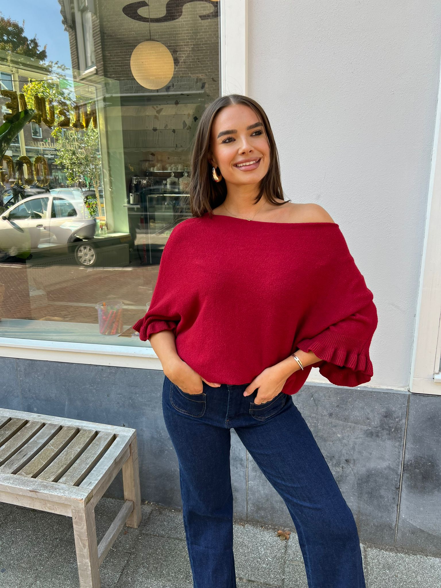 Fien Short Sleeve Ruffle Top Burgundy