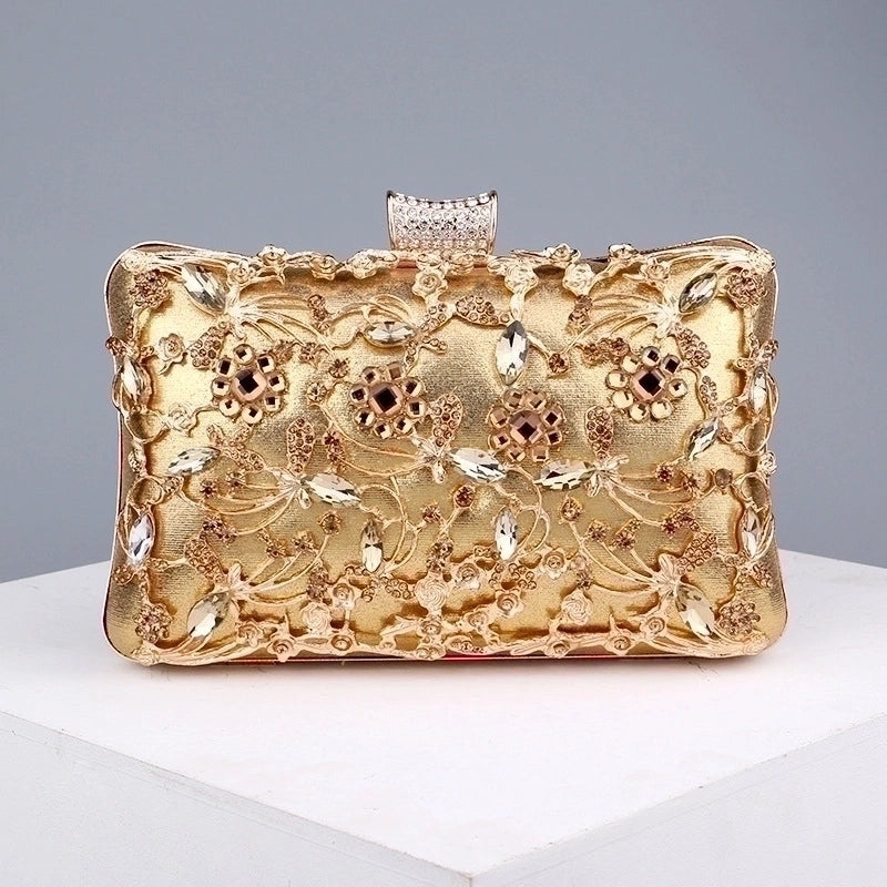 Black Gold Silver Pu Leather Flower Rhinestone Square Clutch Evening Bag