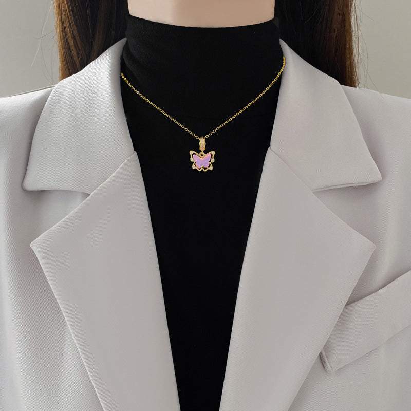 Pink Butterfly Zircon Gorgeous Full Diamond Necklace Female Versatile Clavicle Chain Titanium Steel Chain