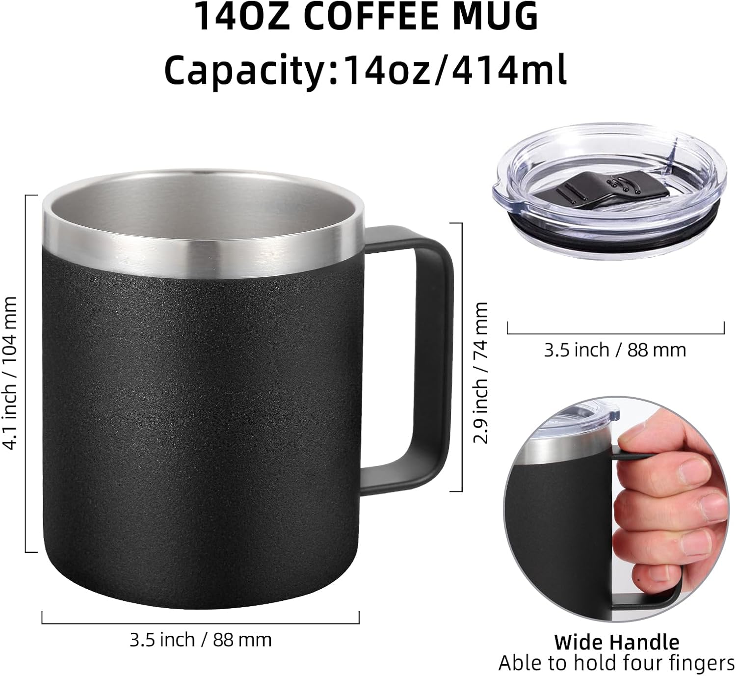 Volhoply 14oz Insulated Stainless Steel Coffee Mug with Leakproof Lid,Double Wall Vacuum Travel Coffee Cup with Handle,Reusable Metal Tumbler,Camping Mugs Keep Hot/Cold,Christmas Gifts(Black,1