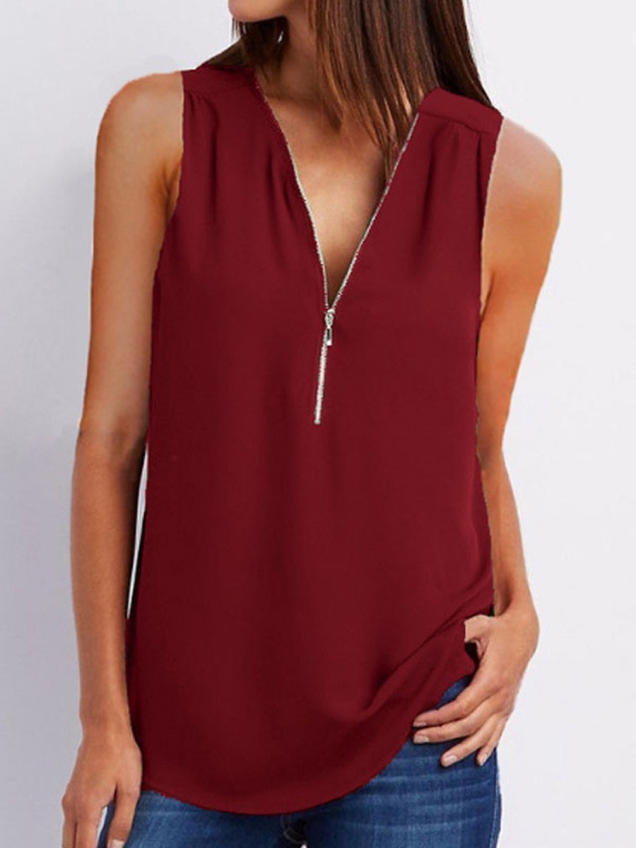 V-Neck  Zips  Plain  Sleeveless Tops