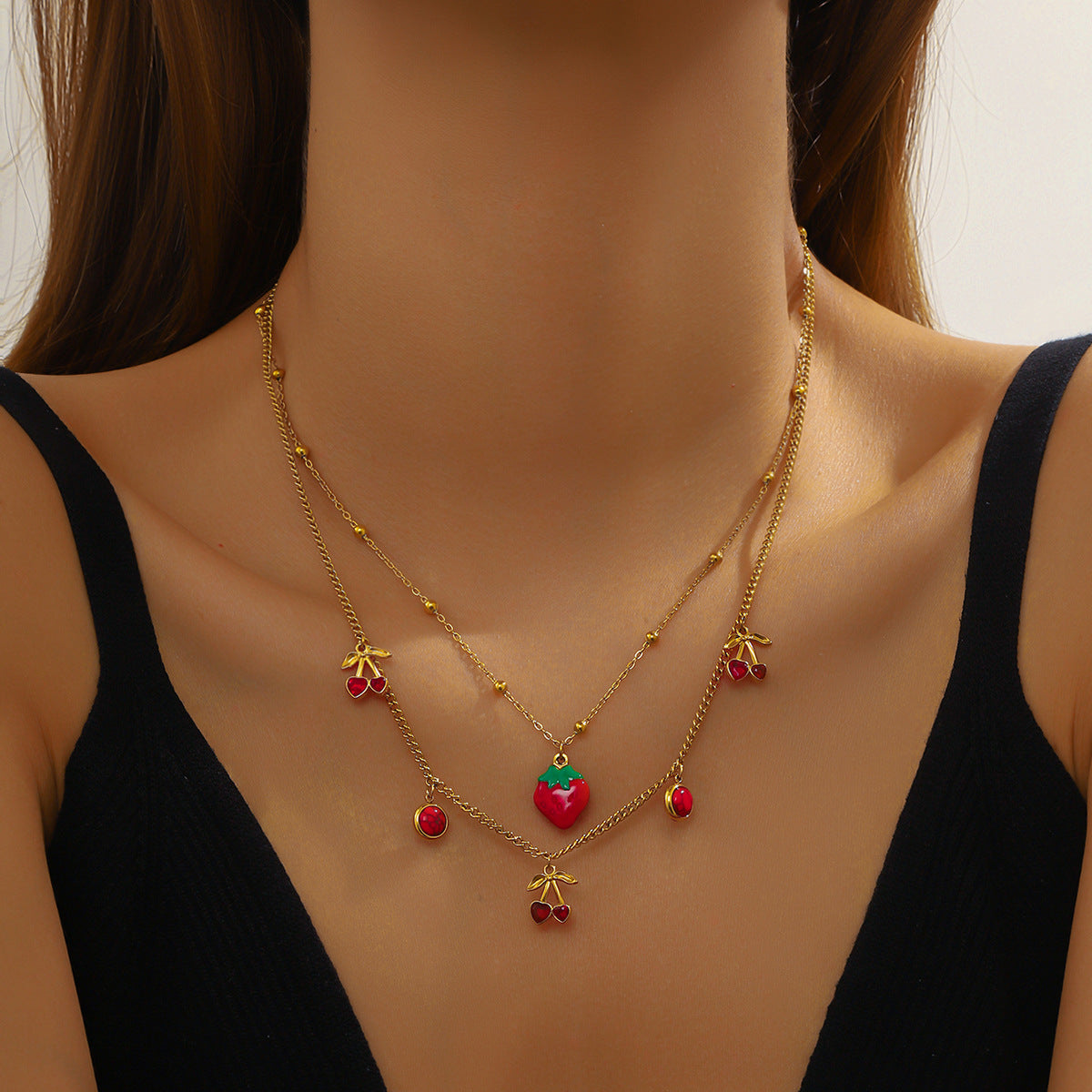 Fashion Cartoon Fruit Series Three-Dimensional Design Red Oil Drop Strawberry Cherry Apple Pendant Necklace