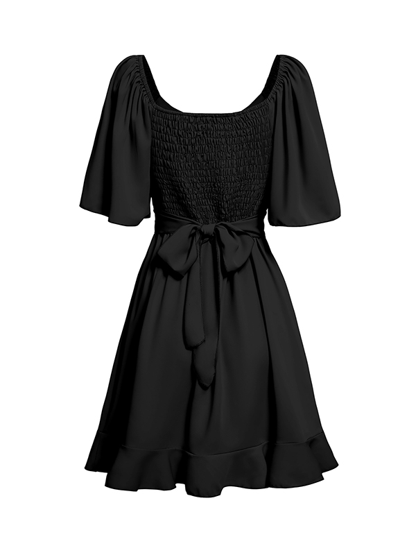 Flared Sleeves Half Sleeves Elasticity Ruffled Solid Color Split-Joint Tied Waist V-Neck Mini Dresses