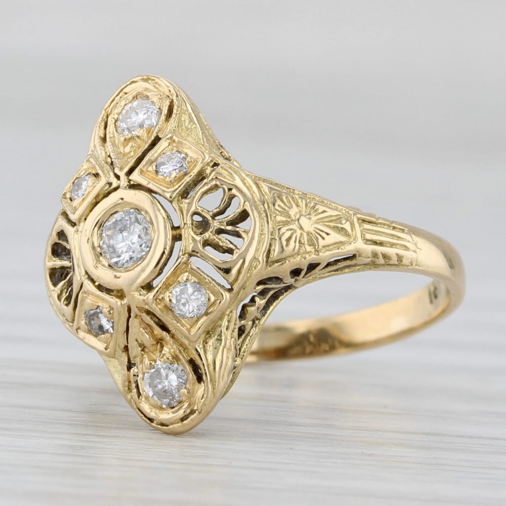 Vintage Art Deco 0.24ctw Diamond Filigree Ring 18k Yellow Gold Size 5.25