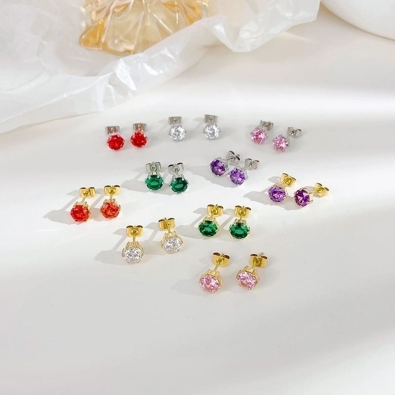 1 Pair Minimalist Round Inlay 304 Stainless Steel Zircon White Gold Plated Gold Plated Ear Studs