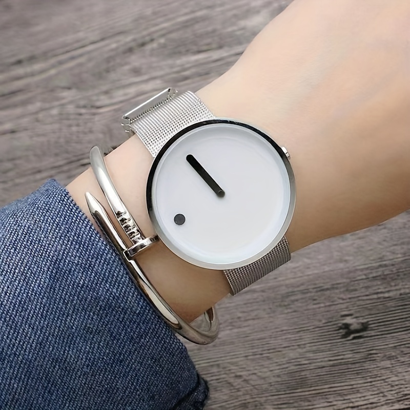 Elegant Round Pointer Quartz Watch - Minimalist Dial & Mesh Stainless Steel Band