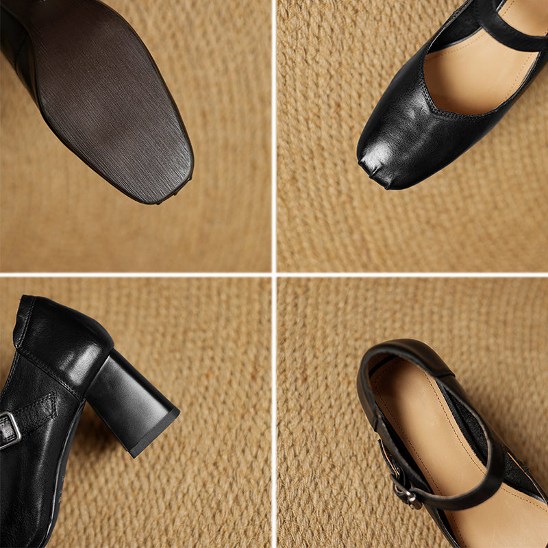 Vintage Square Toe 60mm Cow Leather Mary Jane Pumps in Brown/Red/Black/Khaki