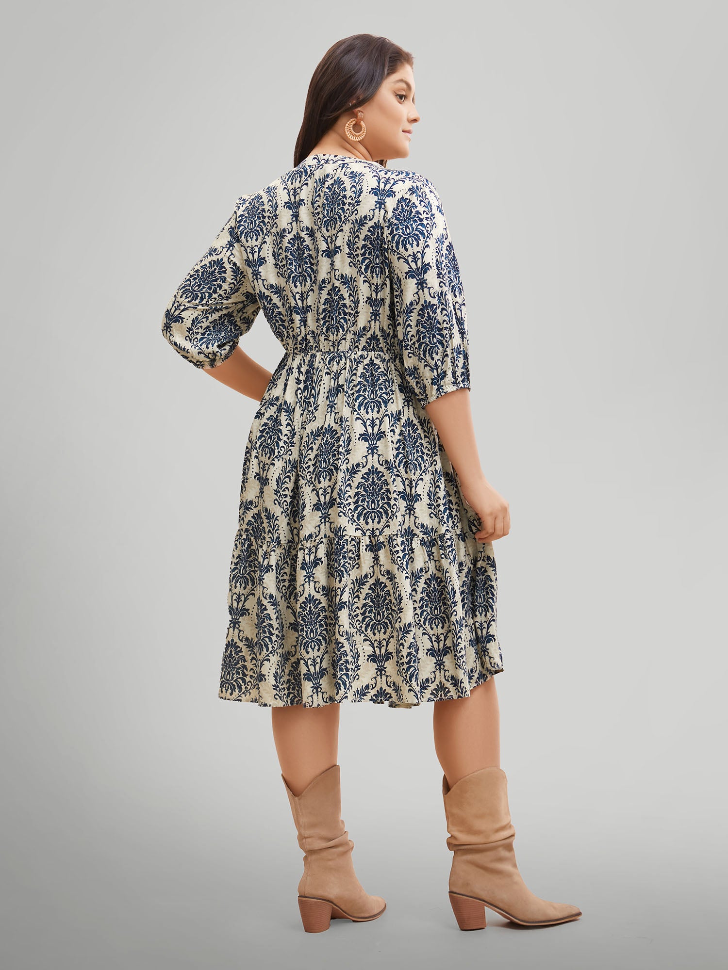 Boho Print Tie Knot Puff Sleeve Dress