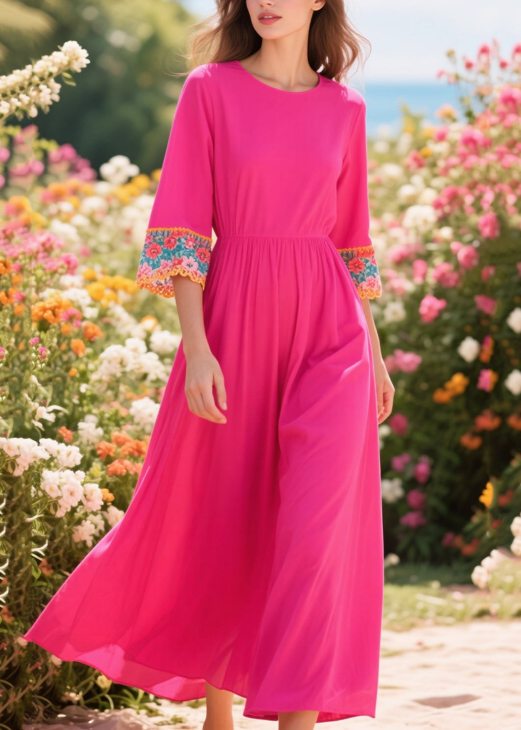 Plus Size Rose O-Neck Patchwork Cotton Robe Dresses Summer