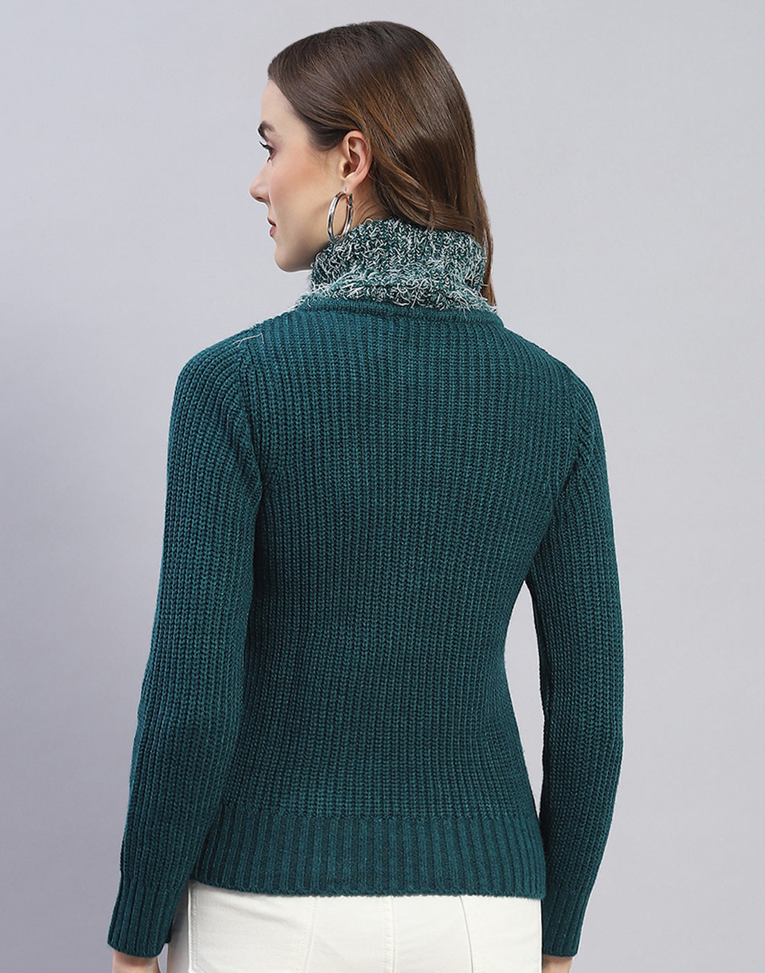 Women Teal Blue Solid H Neck Full Sleeve Sweater