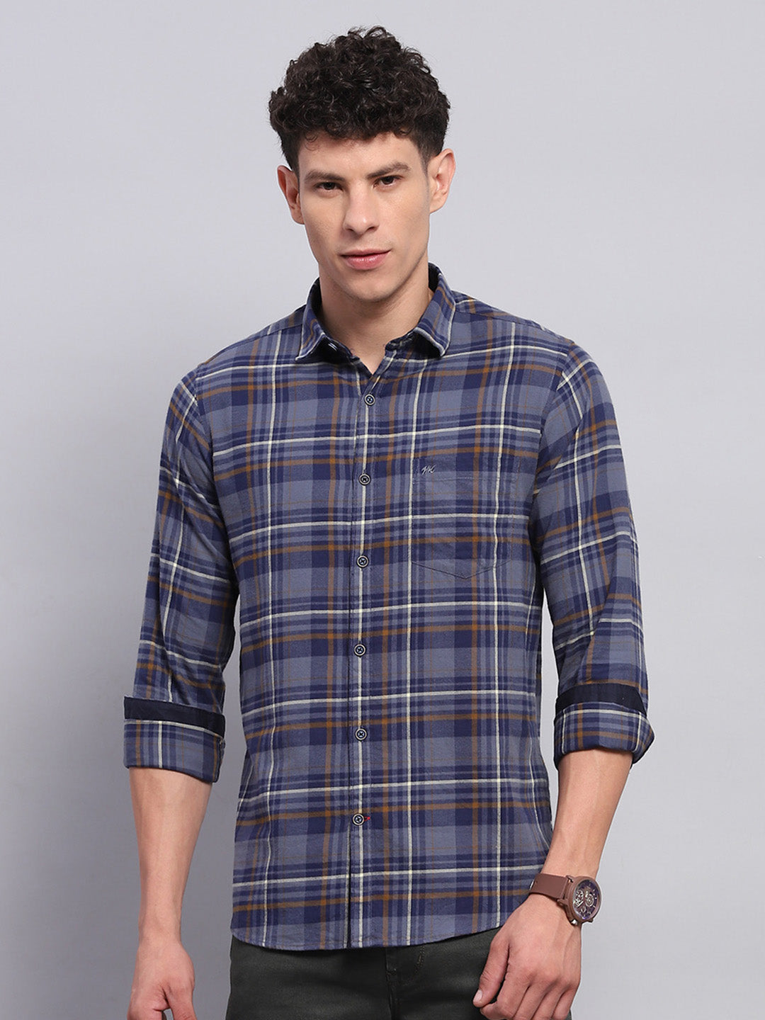 Men Blue Check Collar Full Sleeve Shirt