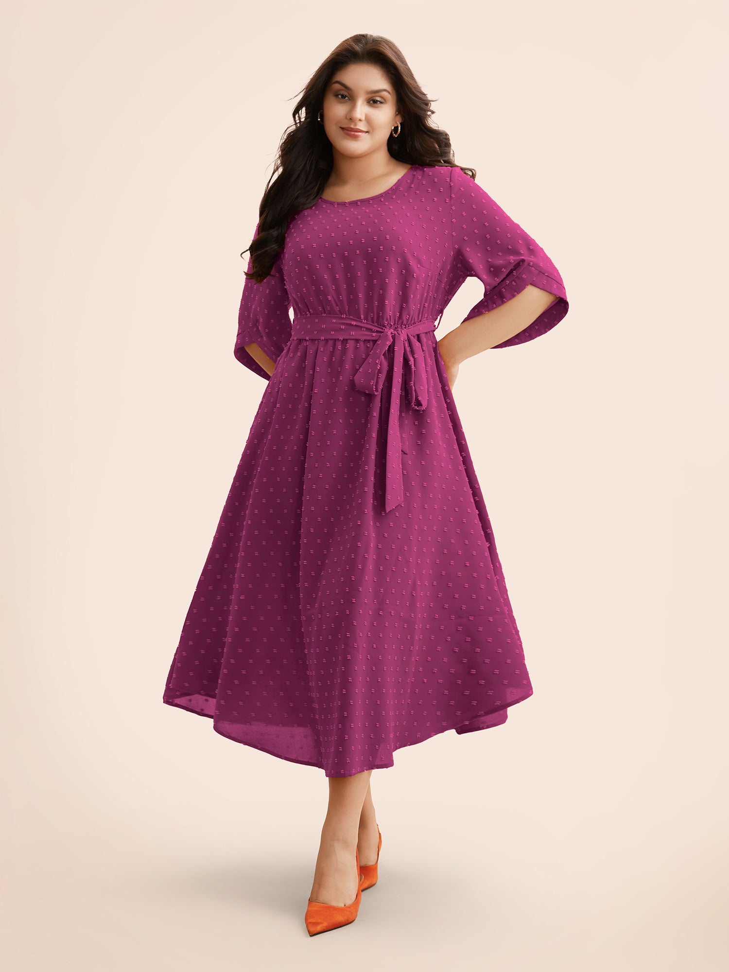 Textured Bell Sleeve Belted Arc Hem Dress