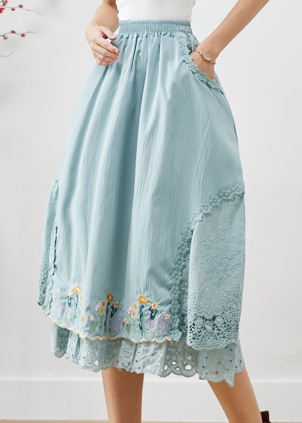 Natural Sky Blue Embroideried Patchwork Cotton Skirt Spring