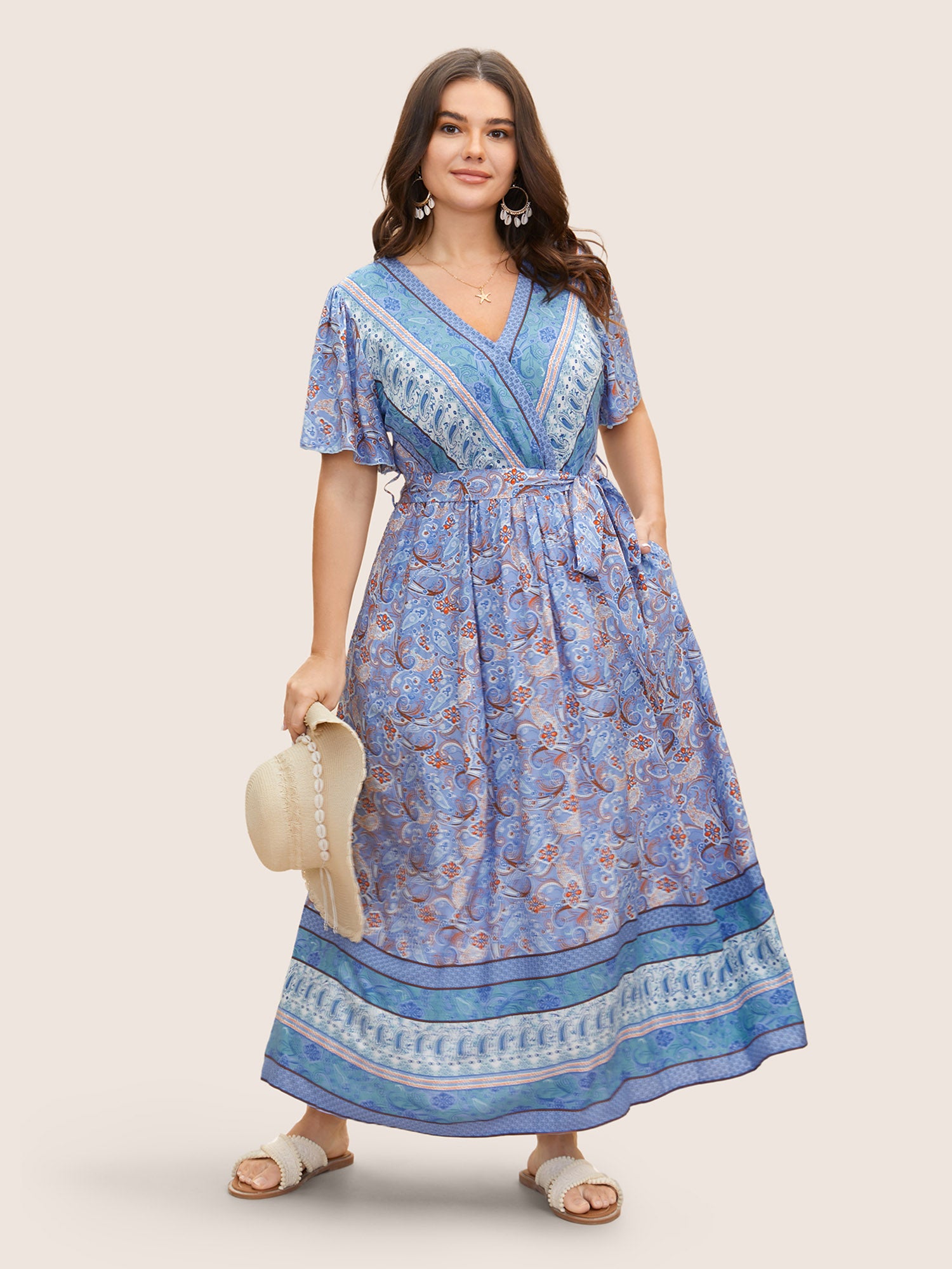 Bandana Surplice Neck Pocket Belted Flutter Hem Maxi Dress