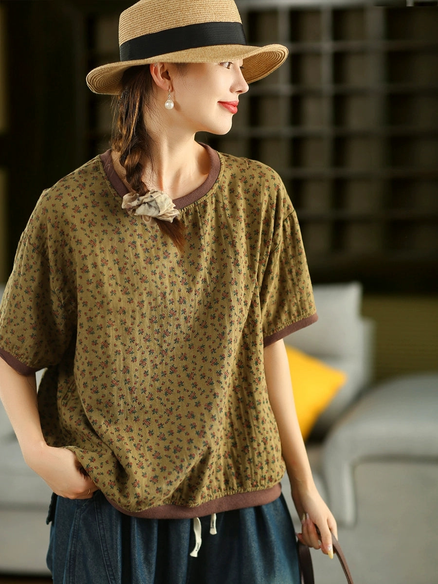 Women Summer Artsy Floral Linen Cotton O-Neck Shirt