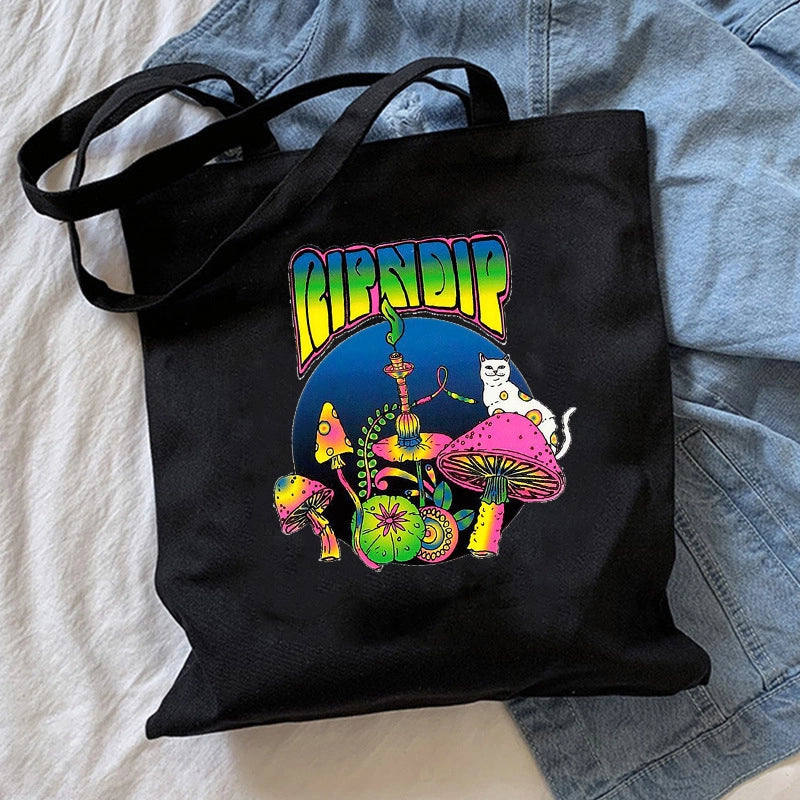 Women's Canvas Printing Letter Mushroom Cute Basic Square Open Canvas Bag