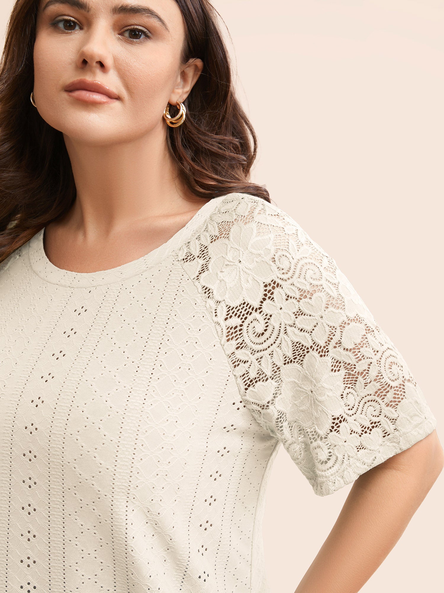 Solid Broderie Anglaise Lace Raglan Sleeve T-shirt