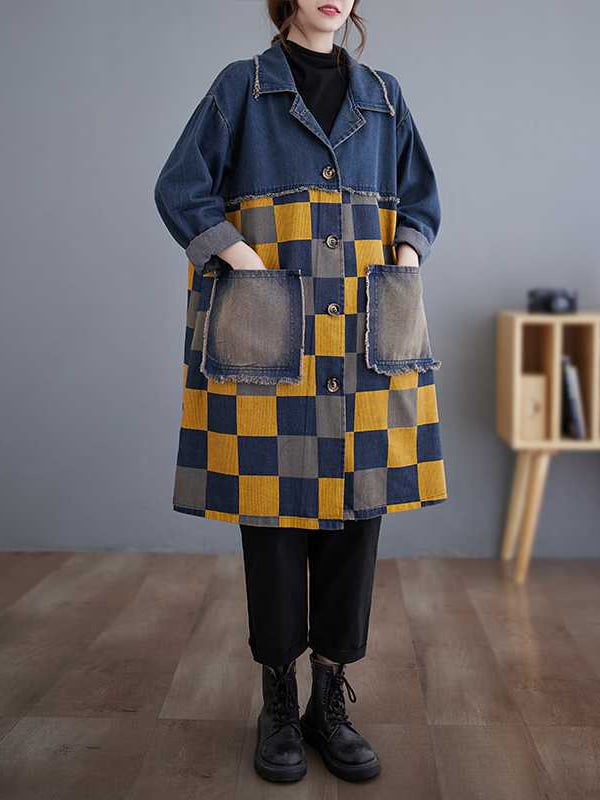 Long Sleeves Loose Buttoned Fringed Plaid Pockets Split-Joint Notched Collar Denim Outerwear