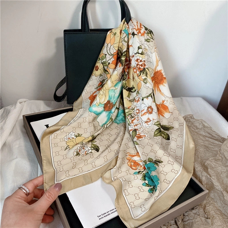 Women's Elegant Letter Flower Satin Silk Scarf