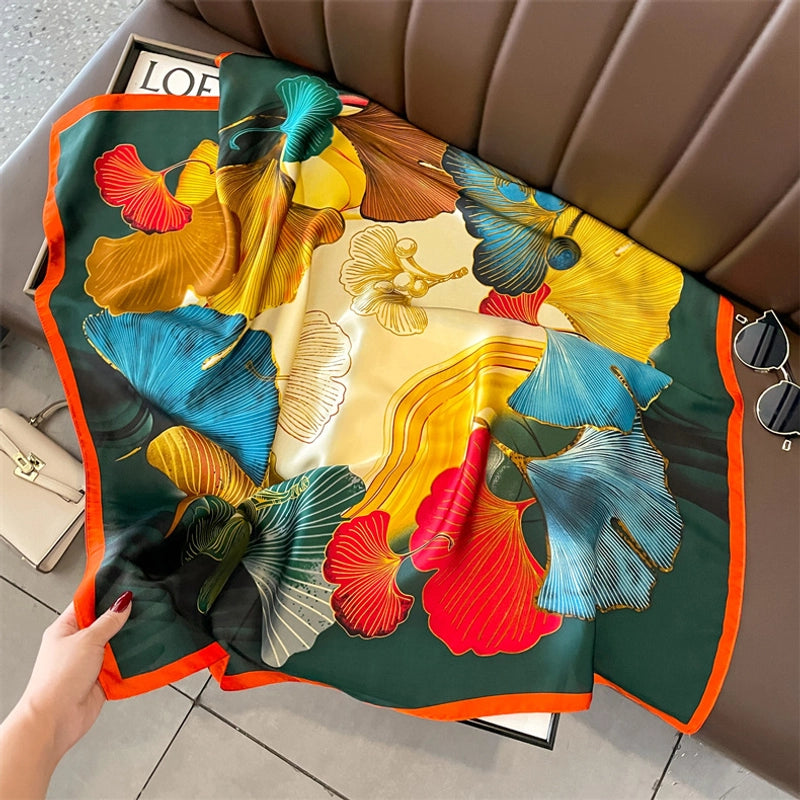 Women's Elegant Sweet Color Block Satin Printing Flowers Silk Scarf